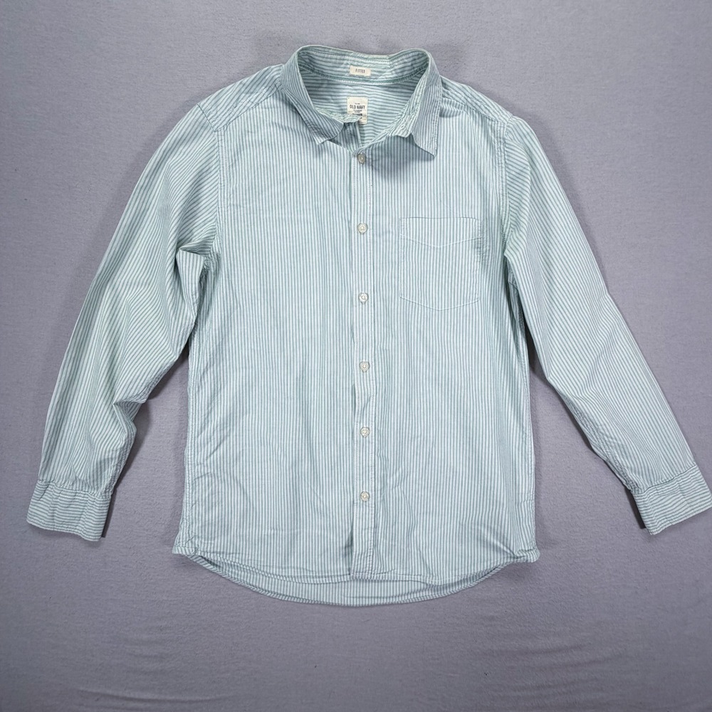 Old Navy Button Down Shirt Mens Medium Green Pinstripe Fitted Cotton